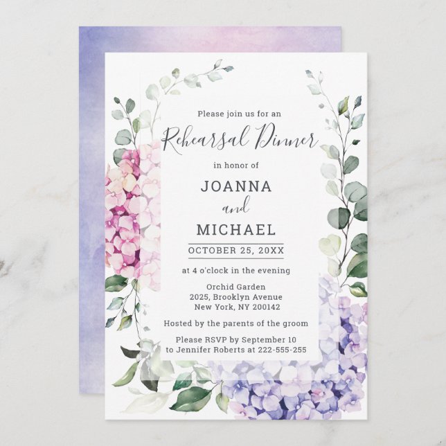 Light Blue Hydrangea & Eucalyptus Rehearsal dinner Invitation (Front/Back)