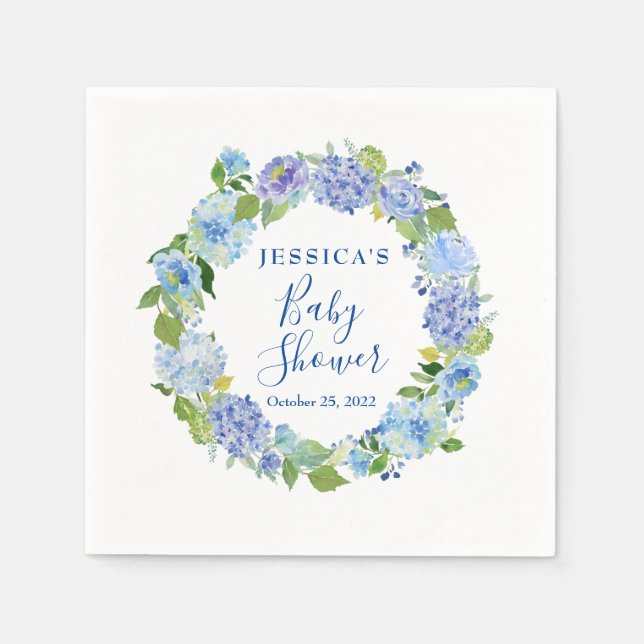 Light Blue Hydrangea Floral Baby Shower Paper Napkins (Front)
