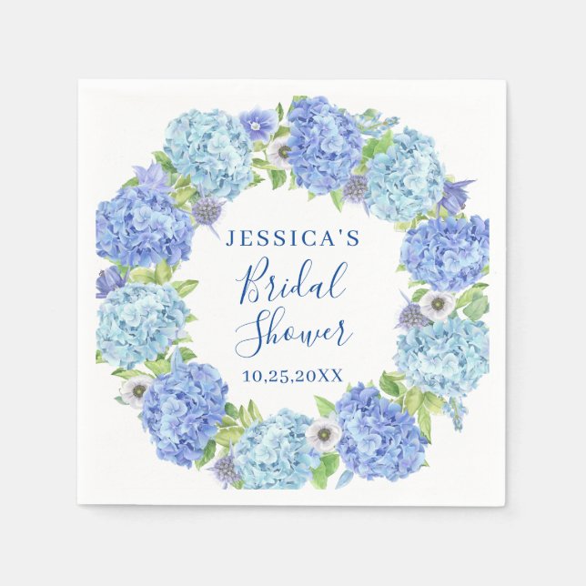 Light Blue Hydrangea Floral Bridal Shower Paper Napkins (Front)