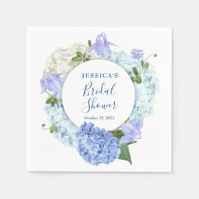 Light Blue Hydrangea Floral Bridal Shower Paper Napkins (Front)
