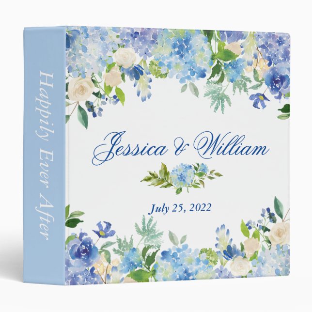 Light Blue Hydrangea Floral Custom Wedding Binder (Front/Spine)