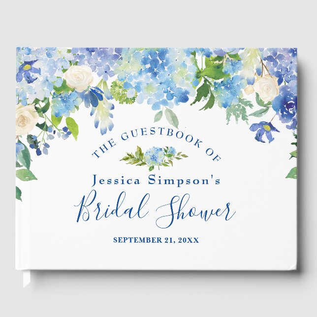 Light Blue Hydrangea Floral Greenery Bridal Shower Guest Book (Front)