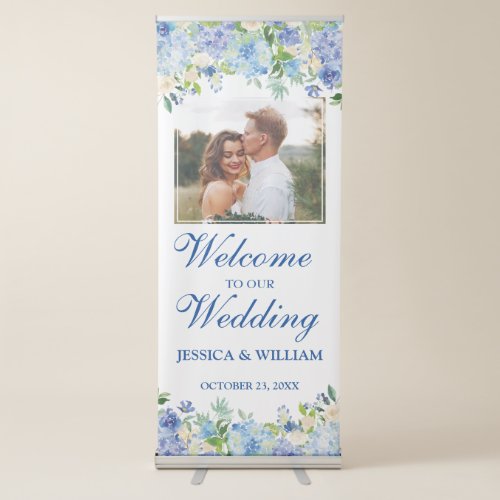 Light Blue Hydrangea Floral PHOTO Wedding Welcome Retractable Banner