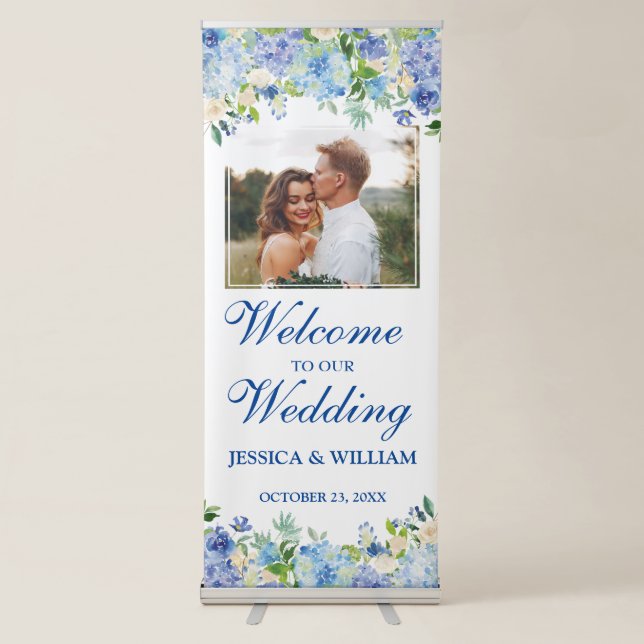 Light Blue Hydrangea Floral PHOTO Wedding Welcome Retractable Banner (Front)