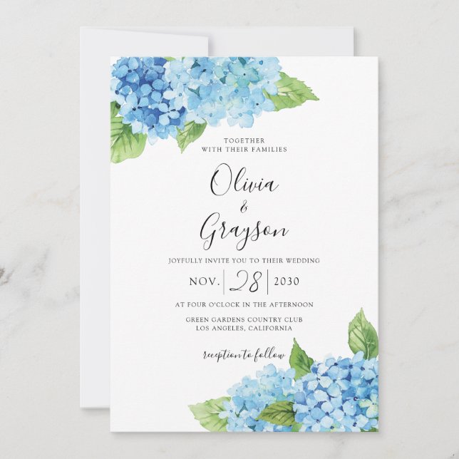Light Blue Hydrangea Floral QR All In One Wedding Invitation (Front)