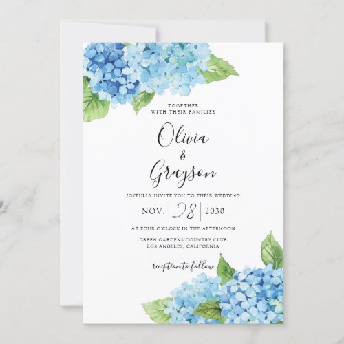 Light Blue Hydrangea Floral QR All In One Wedding Invitation