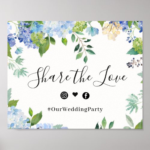 Light Blue Hydrangea Floral Wedding Hashtag Sign