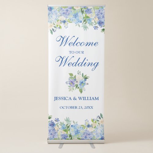Light Blue Hydrangea Floral Wedding Welcome Retractable Banner