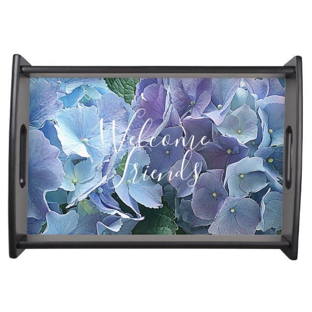 Light Blue Hydrangea Garden Welcome Friends Serving Tray (Front)