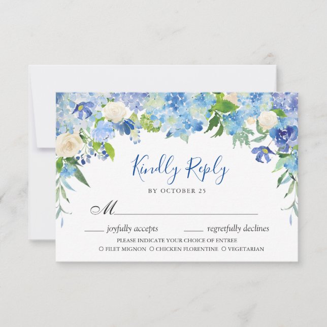 Light Blue Hydrangea  RSVP Card with Meal Choice (Front)