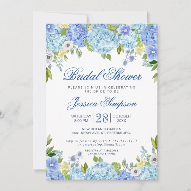 Light Blue Hydrangea Watercolor Bridal Shower Invitation (Front)