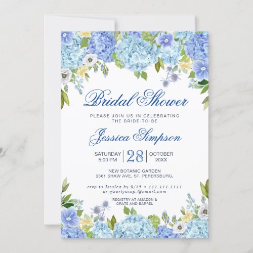 Light Blue Hydrangea Watercolor Bridal Shower Invitation