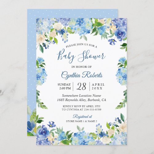 Light Blue Hydrangea Watercolor Floral Baby Shower Invitation