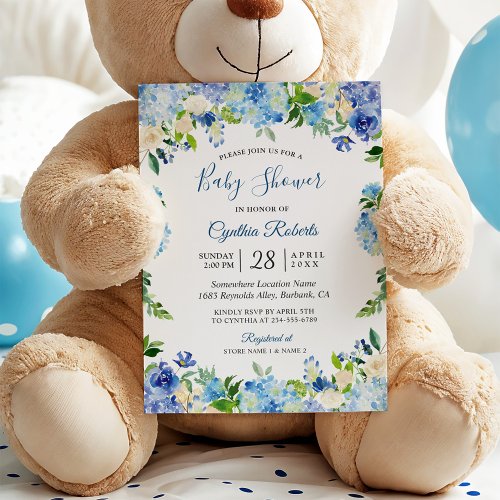 Light Blue Hydrangea Watercolor Floral Baby Shower Invitation