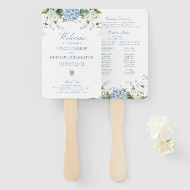 Light Blue Hydrangea Wedding Ceremony Program Hand Fan (Front and Back)