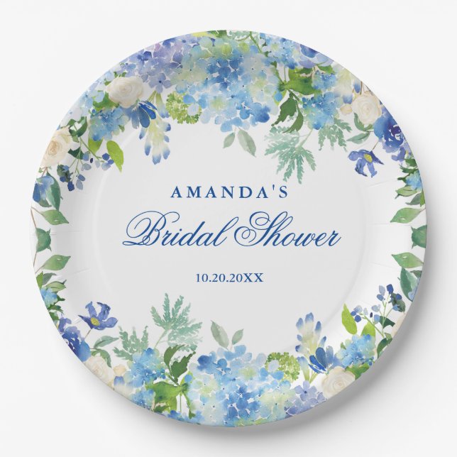 Light Blue Hydrangeas Floral Bridal Shower Paper Plates (Front)