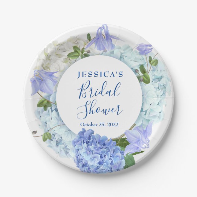 Light Blue Hydrangeas Floral Bridal Shower Party Paper Plates (Front)