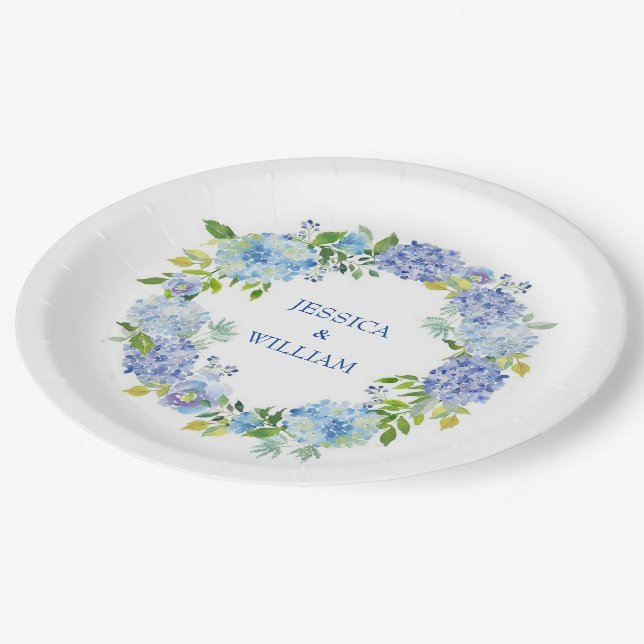 Light Blue Hydrangeas Floral Wedding Party Paper Plates (Angled)