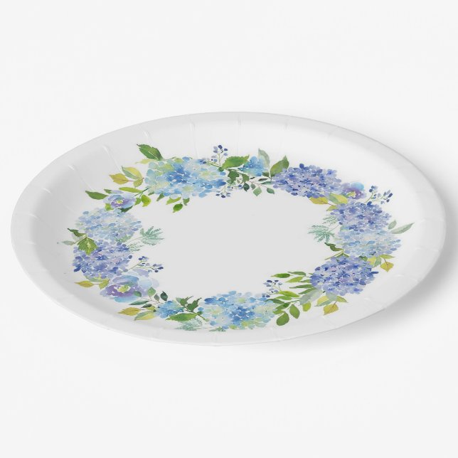 Light Blue Hydrangeas Floral Wedding Party Paper Plates (Angled)