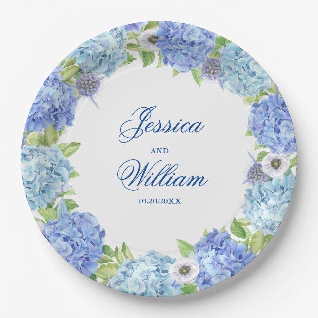 Light Blue Hydrangeas Floral Wedding Party Paper Plates (Front)