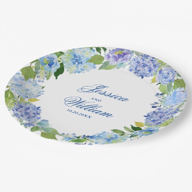 Light Blue Hydrangeas Floral Wedding Party Paper Plates (Angled)