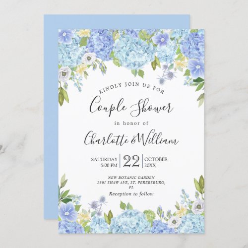 Light Blue Hydrangeas Watercolor Couple Shower Invitation