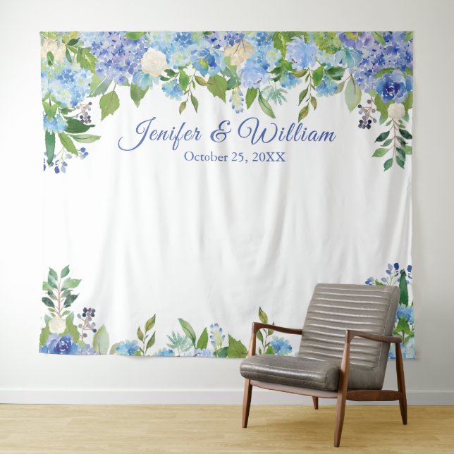 Light Blue Hydrangeas Wedding Photo Booth Backdrop (In Situ (Horizontal))