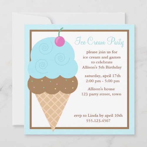 Light Blue Ice Cream Cone Invitation