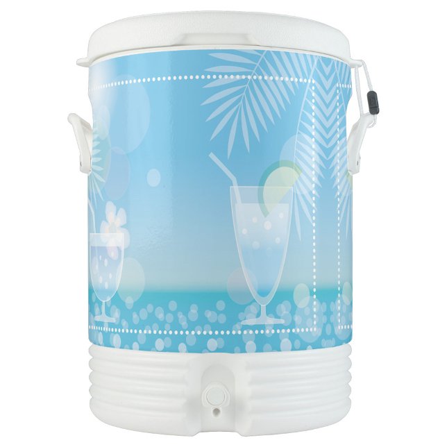 Light Blue Igloo Half Gallon Beverage Cooler (A colorful Beverage cooler adorned with a tropical design, set against a serene ocean backdrop.  )