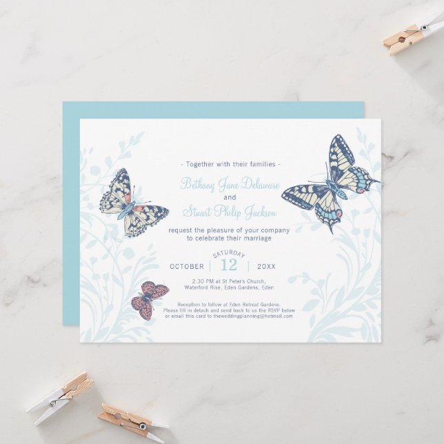 Light blue inked art butterfly wedding invitation (Front/Back In Situ)