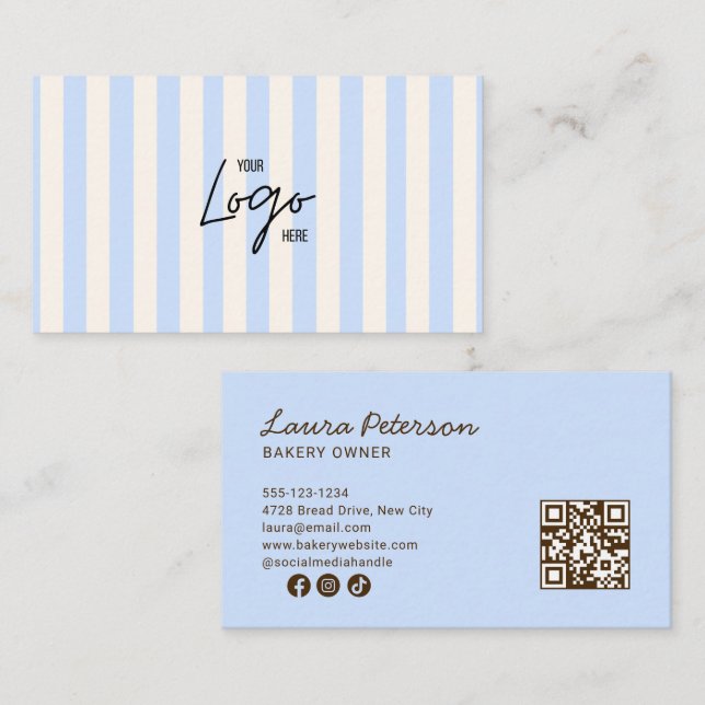 Light Blue & Ivory Stripes Bakery Logo QR Code Business Card (Front/Back)