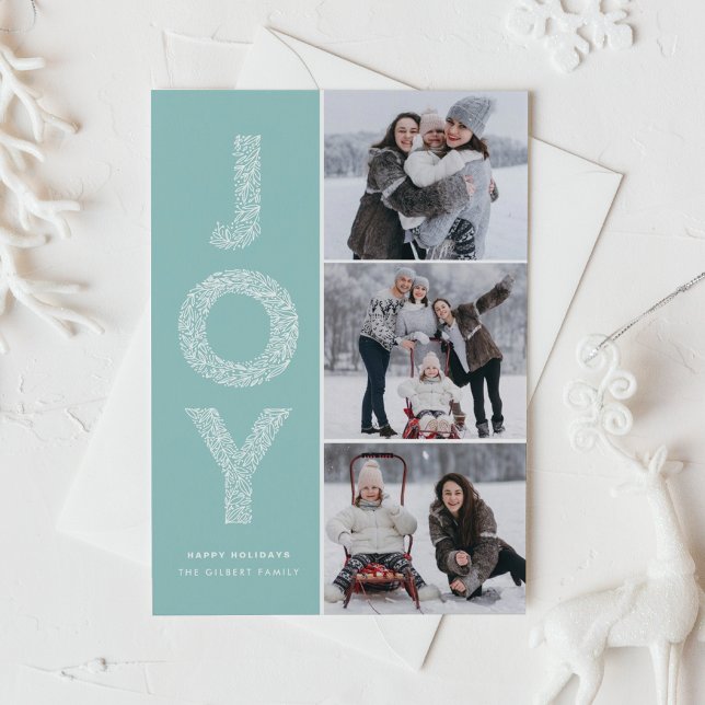 Light Blue JOY Foliage Lettering Photo Collage Holiday Card (Creator Uploaded)