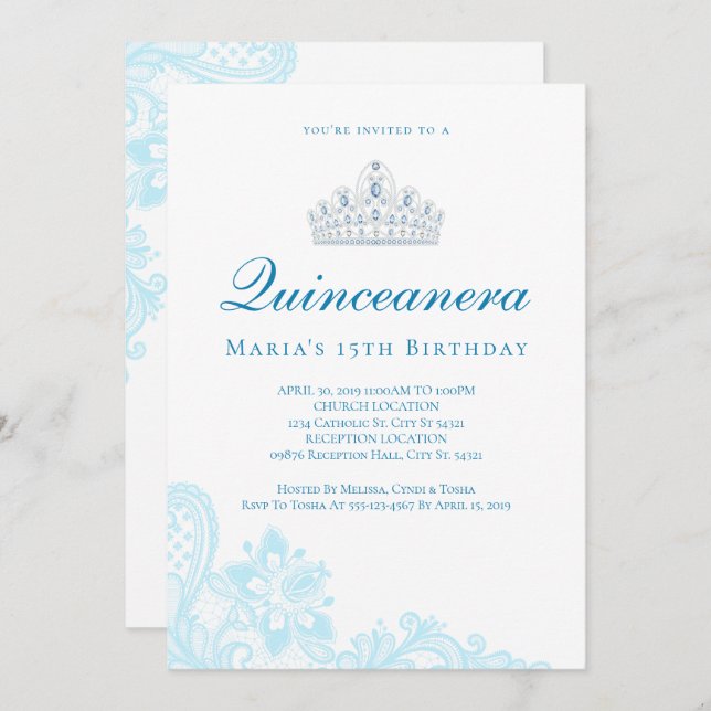 Light Blue Lace Quinceanera Invitations (Front/Back)