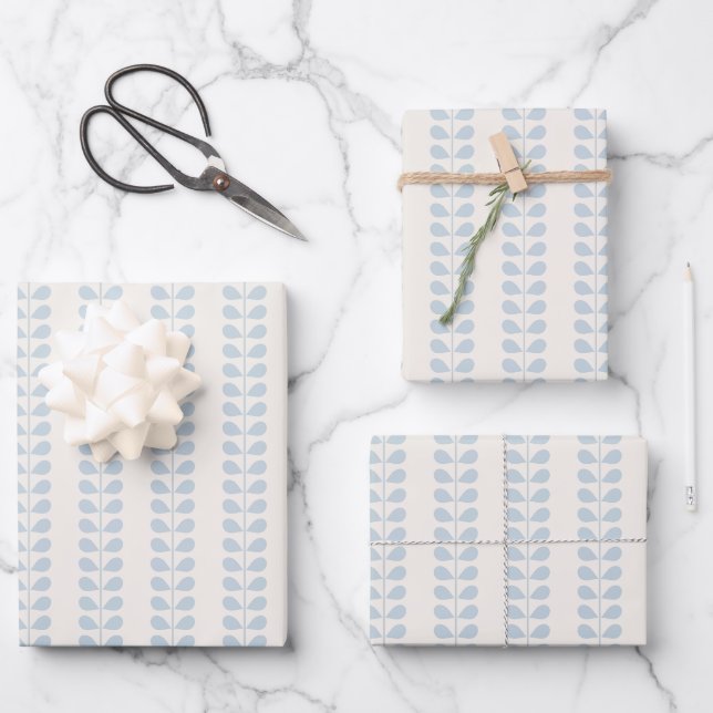 Light Blue Leaf Stripe Wrapping Paper Sheets (Front)