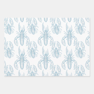 Light Blue line drawing of a Lobster Wrapping Paper Sheets