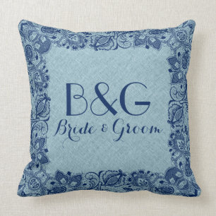Light Blue Linen & Navy Navy Lace Frame Throw Pillow