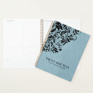 Light Blue Linen Texture Black Floral Ornament Planner