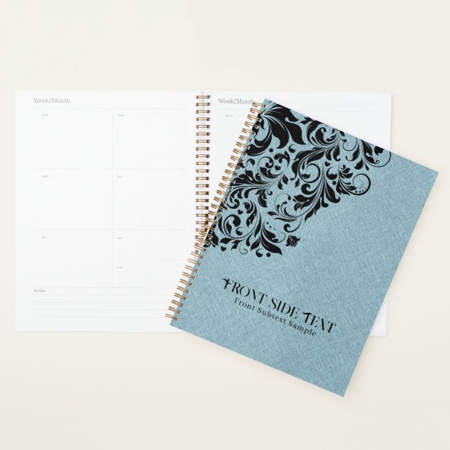 Light Blue Linen Texture Black Floral Ornament Planner (Display)