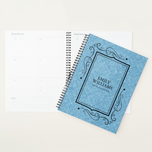 Light Blue Linen Texture Black Vintage Frame Planner (Display)