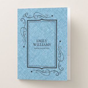 Light Blue Linen Texture Black Vintage Frame Pocket Folder