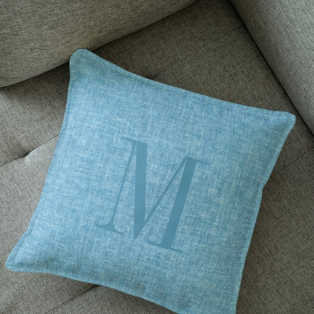 Light blue linen texture monogram throw pillow (Creator Uploaded)