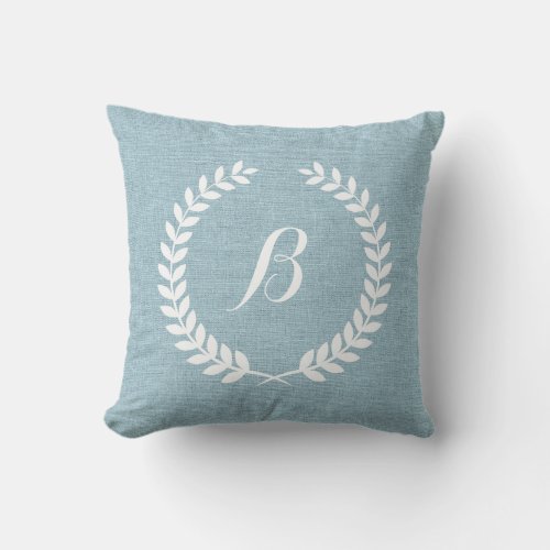 Light Blue Linen Texture White Wreath  Monogram Throw Pillow