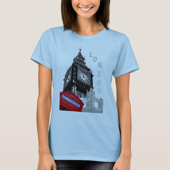 Light Blue London Red Telephone Box Big Ben Clock T-Shirt (Front)