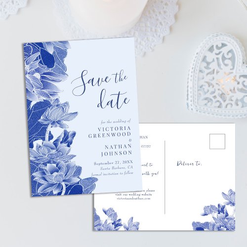 Light Blue Lotus Floral Chinoiserie Save the Date Postcard