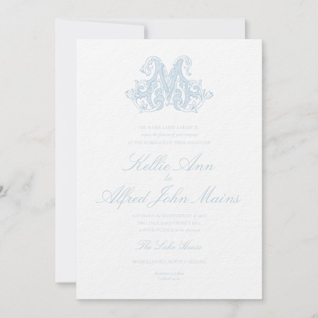 Light Blue "M" Monogram Wedding Invitation (Front)