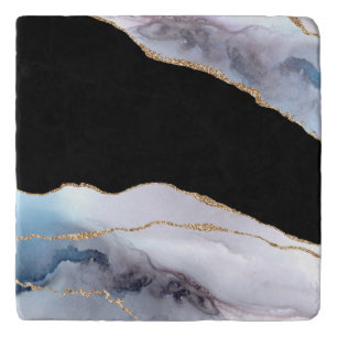 Light Blue Marble Agate Black Golden Glitter Trivet