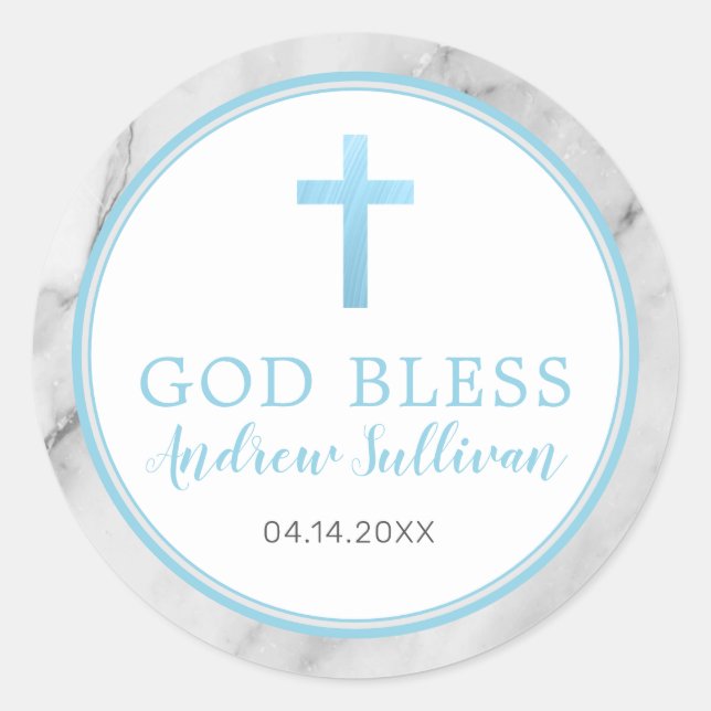 Light Blue Marble Baptism Favor Classic Round Sticker (Front)