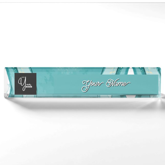 Light Blue Marble Elegant Modern Pattern Desk Name Plate (Front)