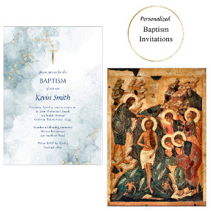 Light Blue Marble Gold Glitter Orthodox Baptism  Invitation