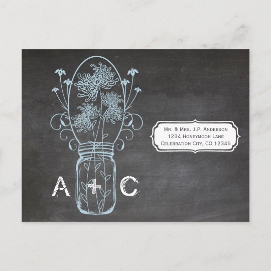 Light Blue Mason Jar Chalkboard Wedding Postcard